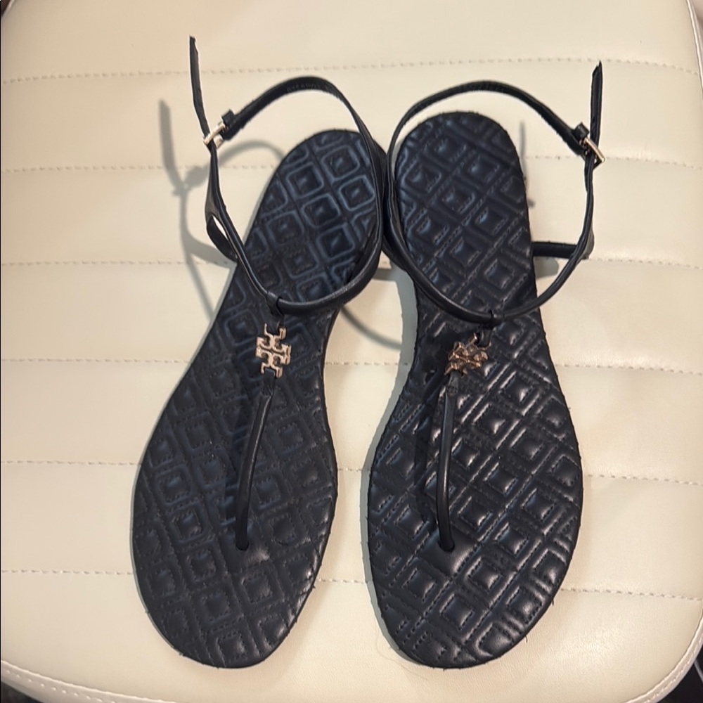 Tory Burch Black T-Strap Sandals with Metallic Logo